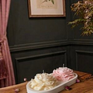 Peony Floral Candle Set with Oval Display Tray