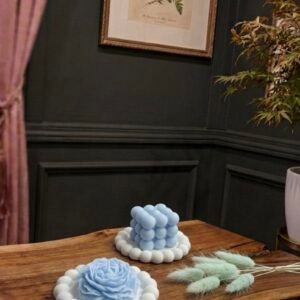 Sky Blue Bubble Candle & Tray Set - Geometric Cube & Floral Rose